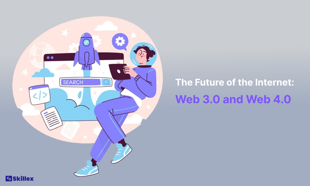 A person interacting with futuristic internet elements, symbolizing the transition from Web 3.0 to Web 4.0.