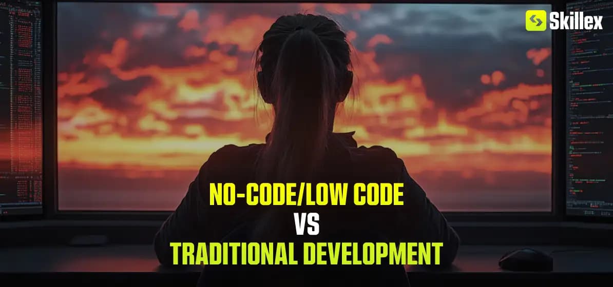 Comparison between No-Code/Low-Code platforms and traditional development, highlighting the future of application building.