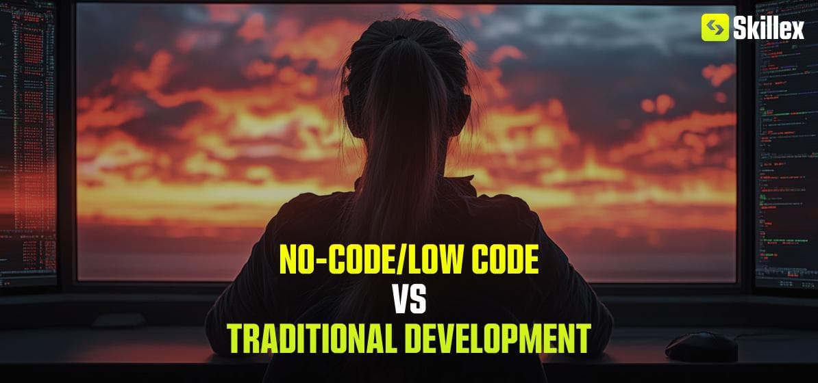 Comparison between No-Code/Low-Code platforms and traditional development, highlighting the future of application building.