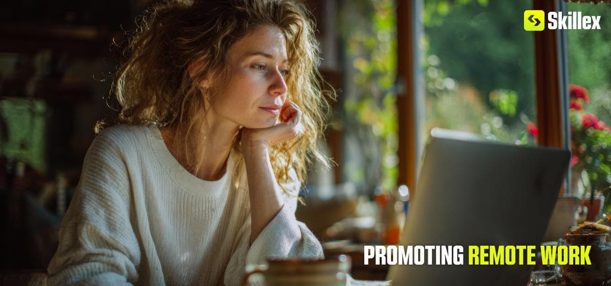 Home office setup with a computer and comfortable workspace, showcasing a typical remote work environment."