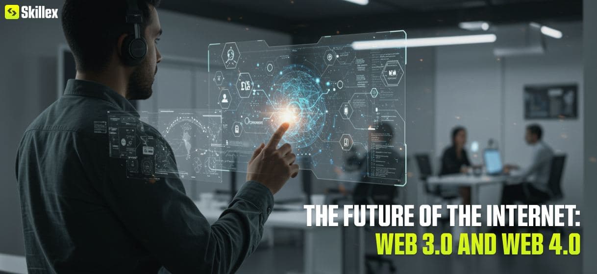 The future of the internet, featuring a person using a laptop with digital icons symbolizing Web 3.0 and Web 4.0 advancements.