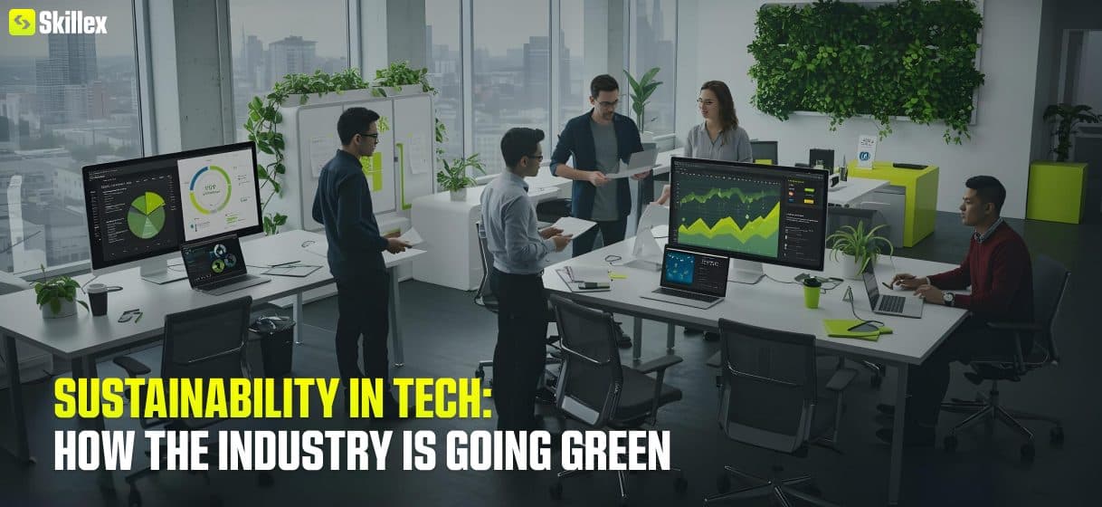 Tech industry embracing sustainability with renewable energy and eco-friendly practices.